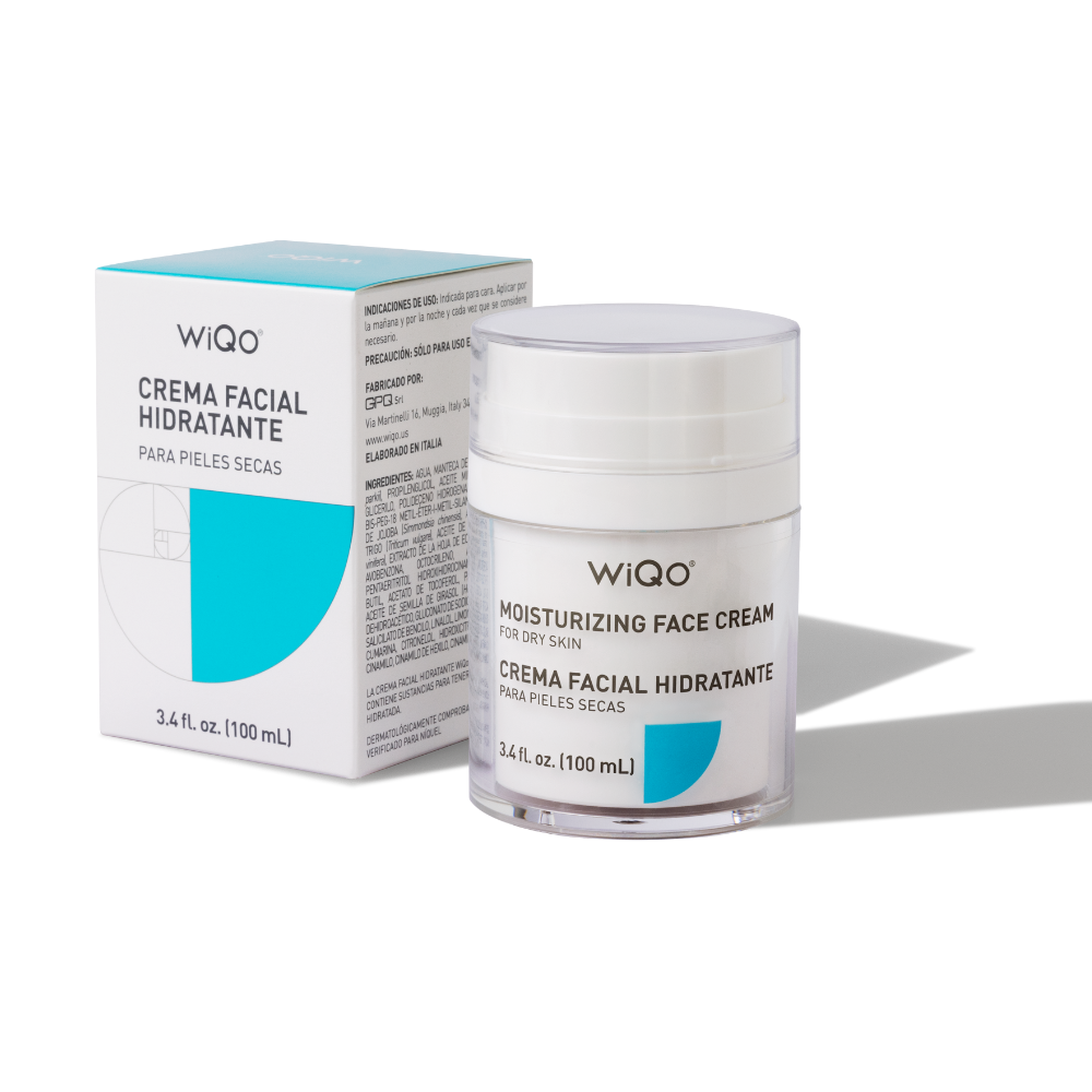 A box and bottle of WiQo&#39;s moisturizing face cream for dry skin