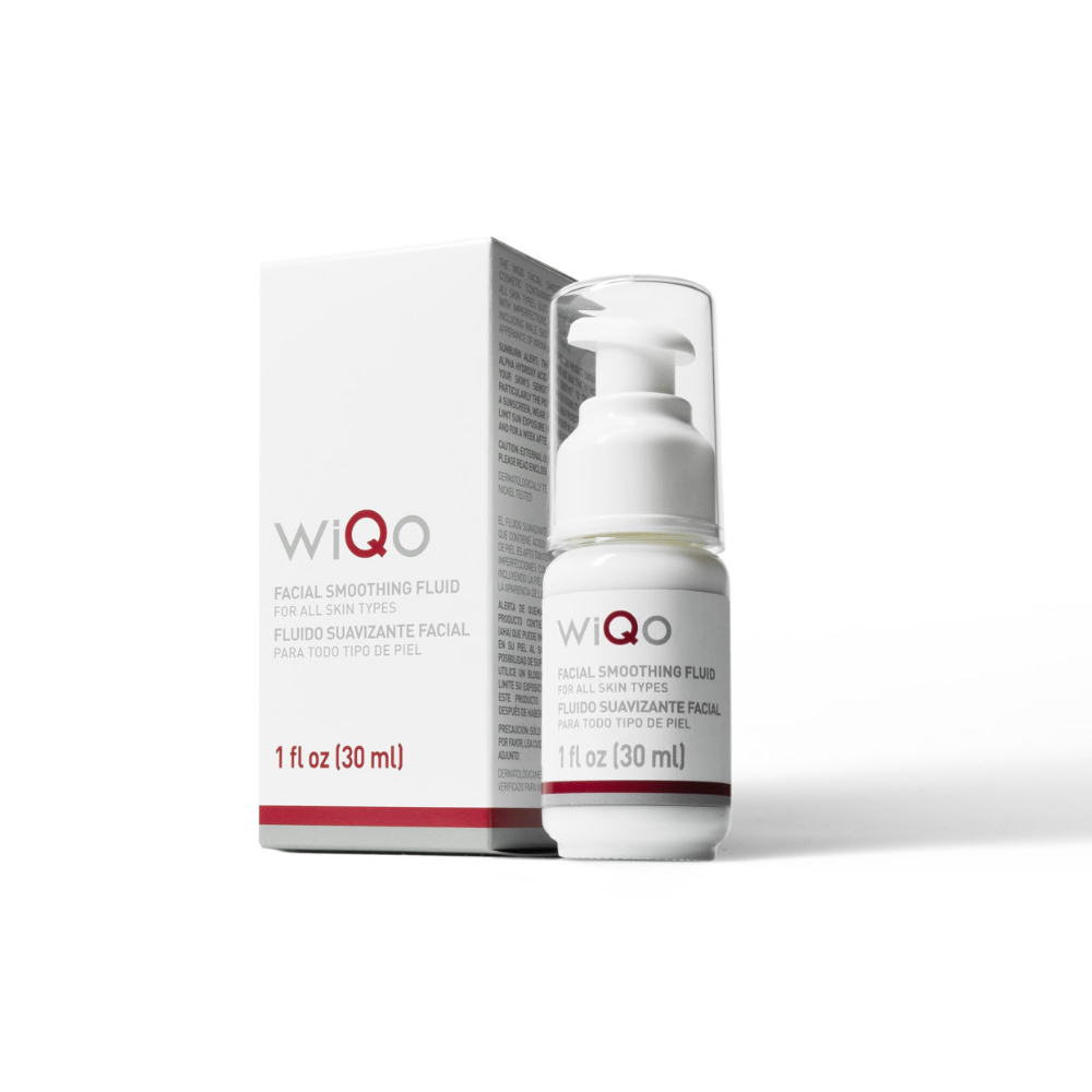 A box and bottle of WiQo's facial smoothing fluid that is engineered for all skin types