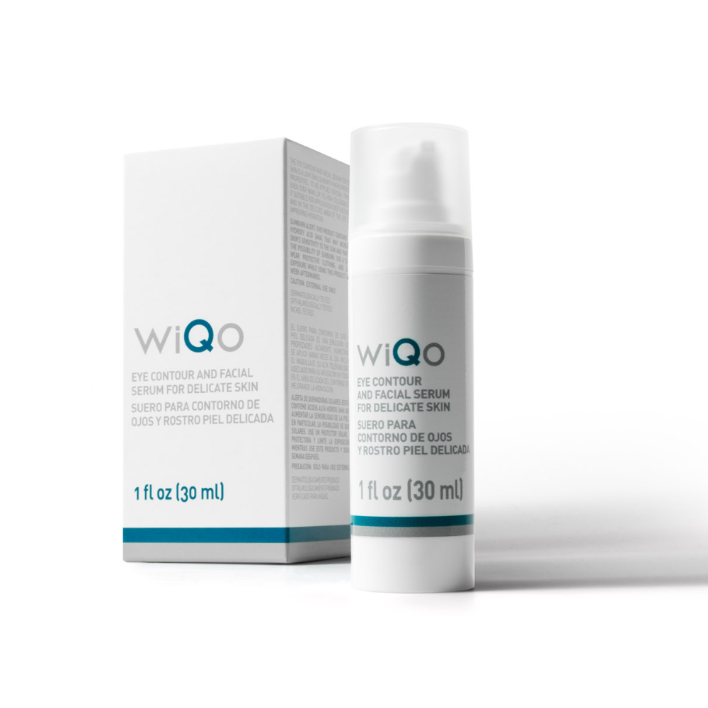 A box and bottle of WiQo's eye contour and facial serum for delicate skin.