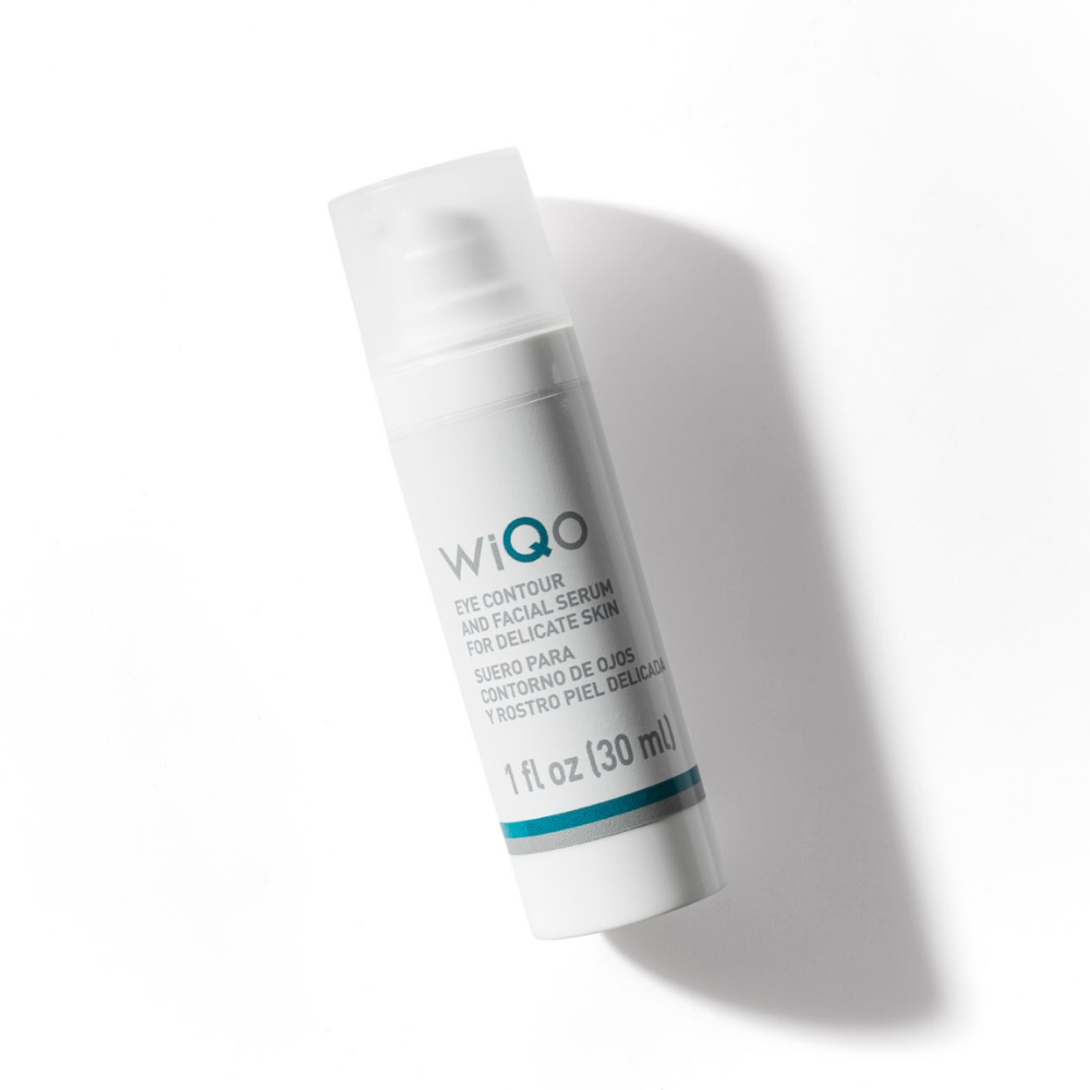 A bottle of WiQo's eye contour and facial serum for delicate skin