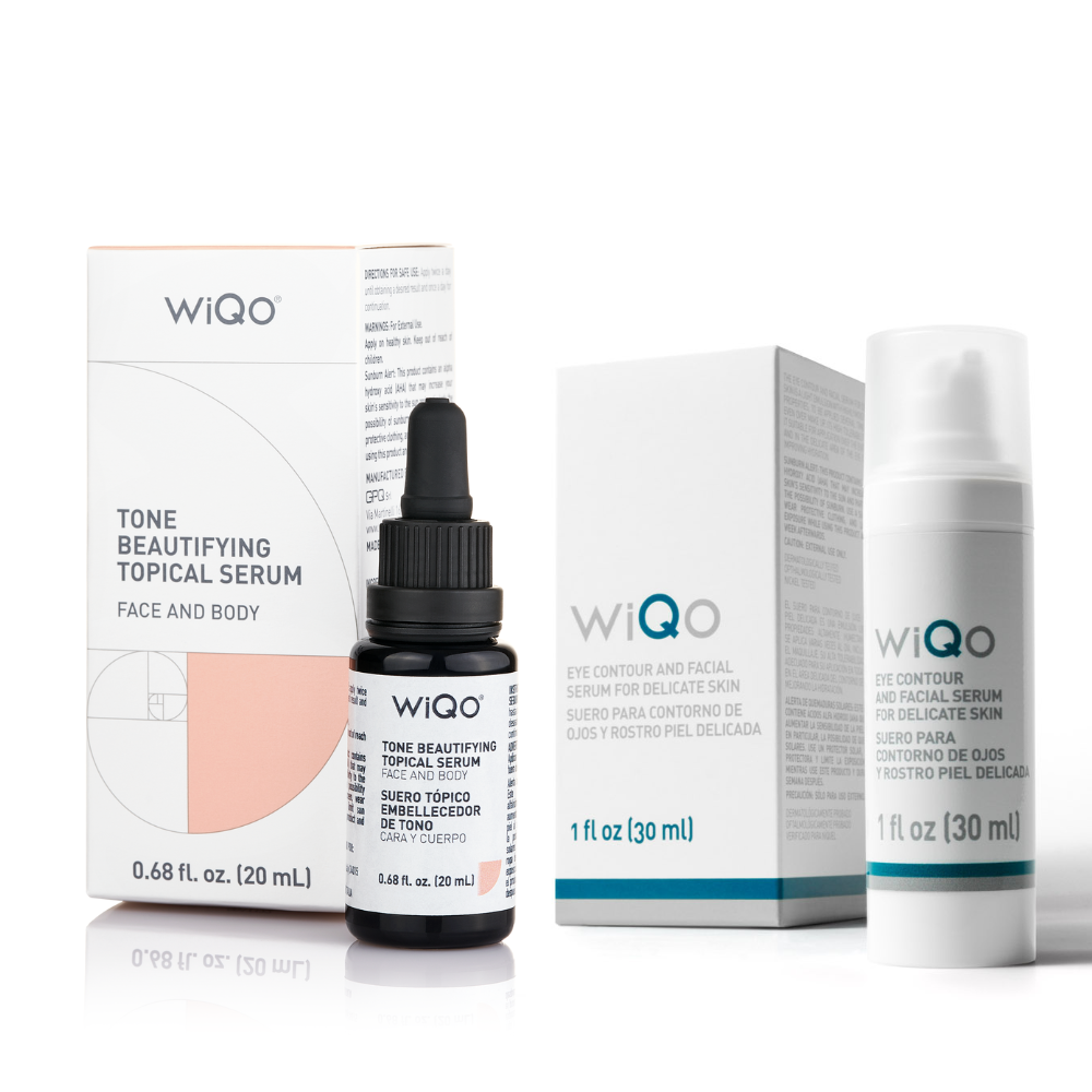 A box and bottle of Tone Beautifying Topical Serum for the Face & Body from WiQo